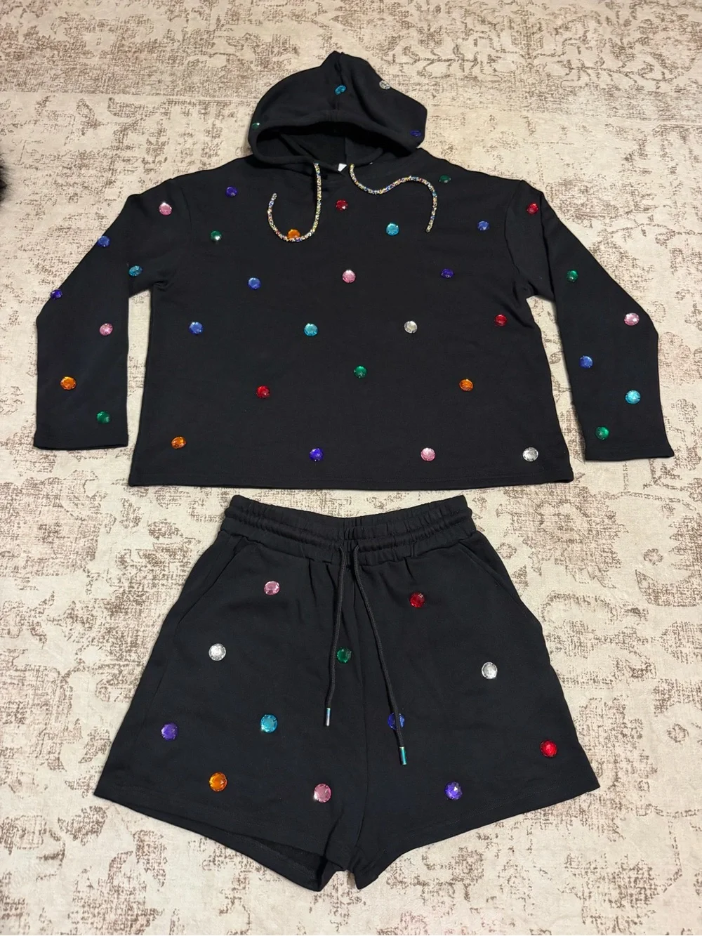 QUEEN OF SPARKLES SET Black Hoodie & Shorts with Multicolor Gems